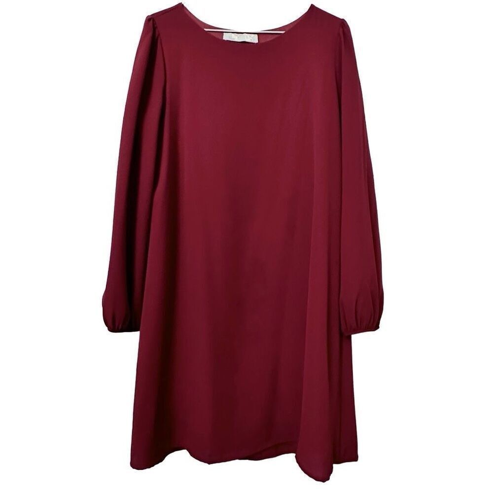 Love Kuza Round Neck Puff Long Sleeve Classic Shift Dress Red Medium